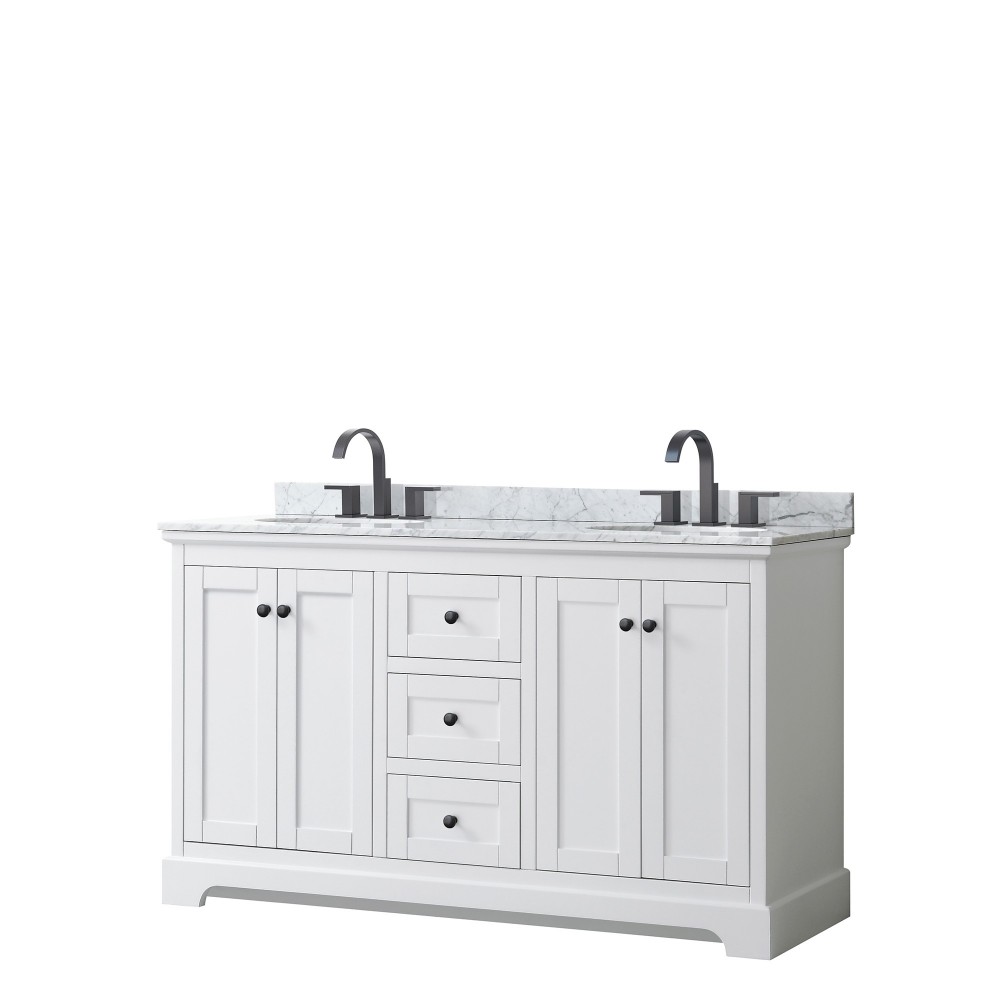 Avery 60" Double Vanity in White, Top, Oval Sinks, Matte Black Trim