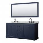 Avery 72" Double Vanity in Dark Blue, Top, Oval Matte Black Trim, 70" Mirror