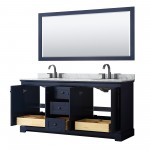 Avery 72" Double Vanity in Dark Blue, Top, Oval Matte Black Trim, 70" Mirror