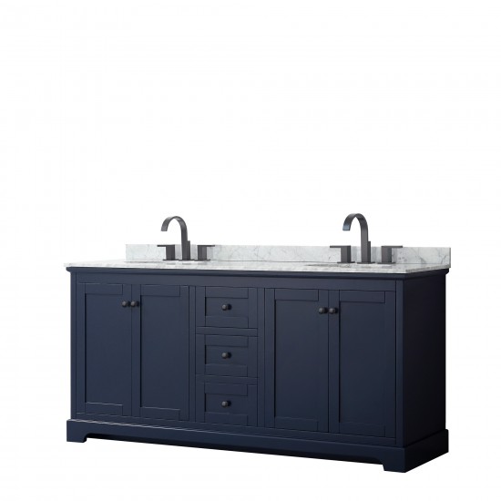 Avery 72" Double Vanity in Dark Blue, Top, Oval Sinks, Matte Black Trim