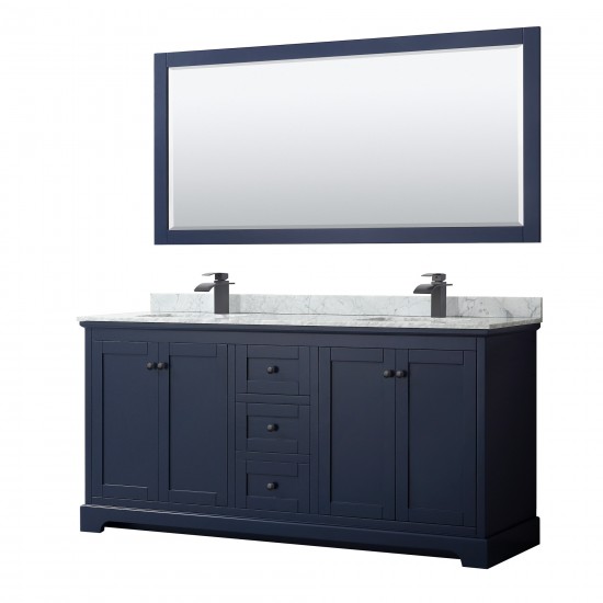 Avery 72" Double Vanity in Dark Blue, Top, Square Matte Black Trim, 70" Mirror