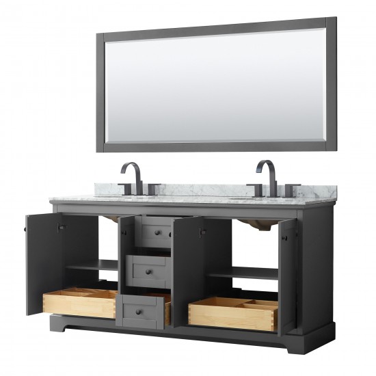 Avery 72" Double Vanity in Dark Gray, Top, Oval Matte Black Trim, 70" Mirror