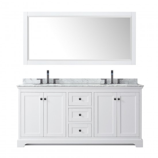 Avery 72" Double Vanity in White, Top, Oval Sinks, Matte Black Trim, 70" Mirror