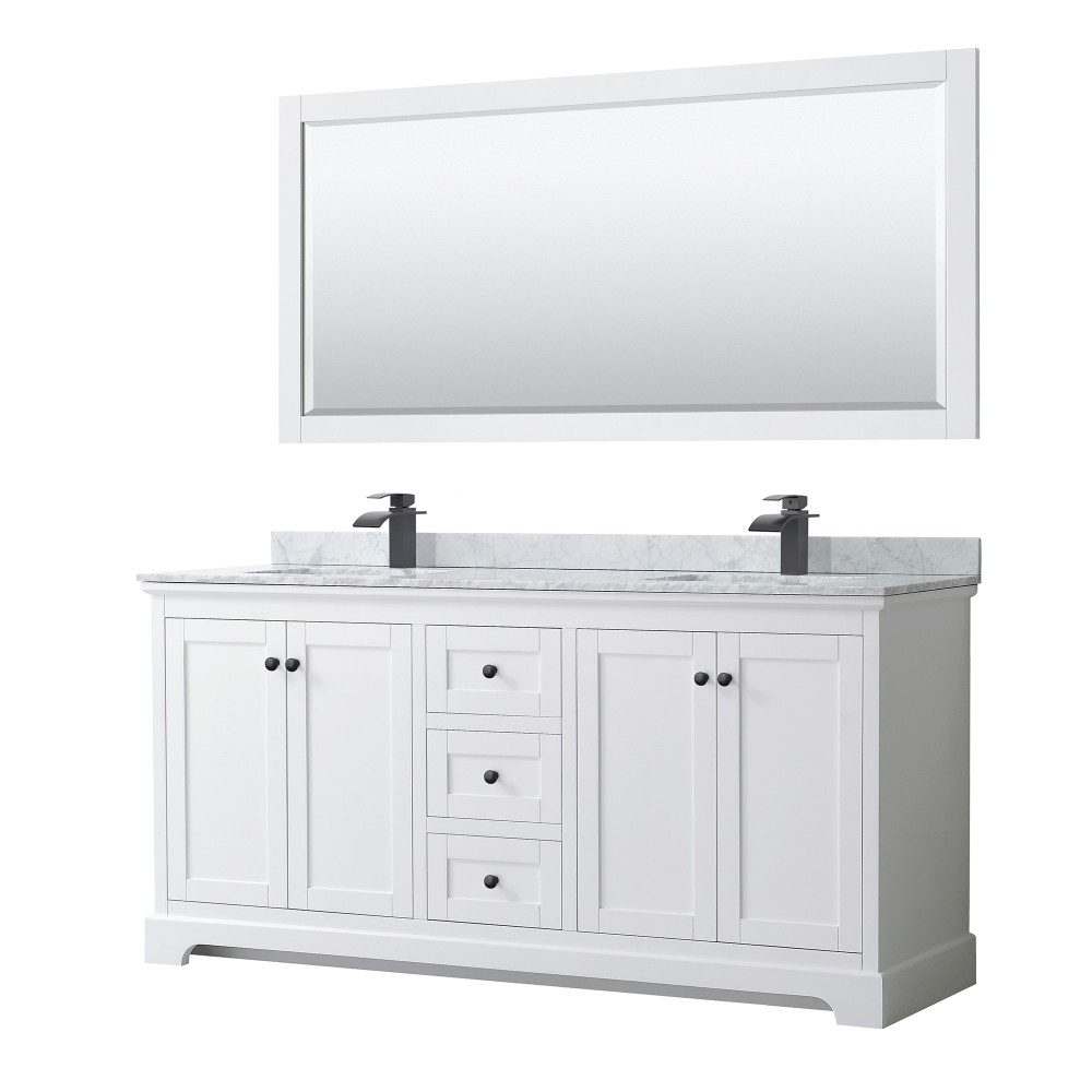 Avery 72" Double Vanity in White, Top, Square Matte Black Trim, 70" Mirror