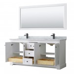 Avery 72" Double Vanity in White, Top, Square Matte Black Trim, 70" Mirror