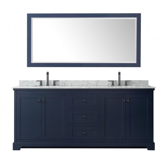 Avery 80" Double Vanity in Dark Blue, Top, Oval Matte Black Trim, 70" Mirror