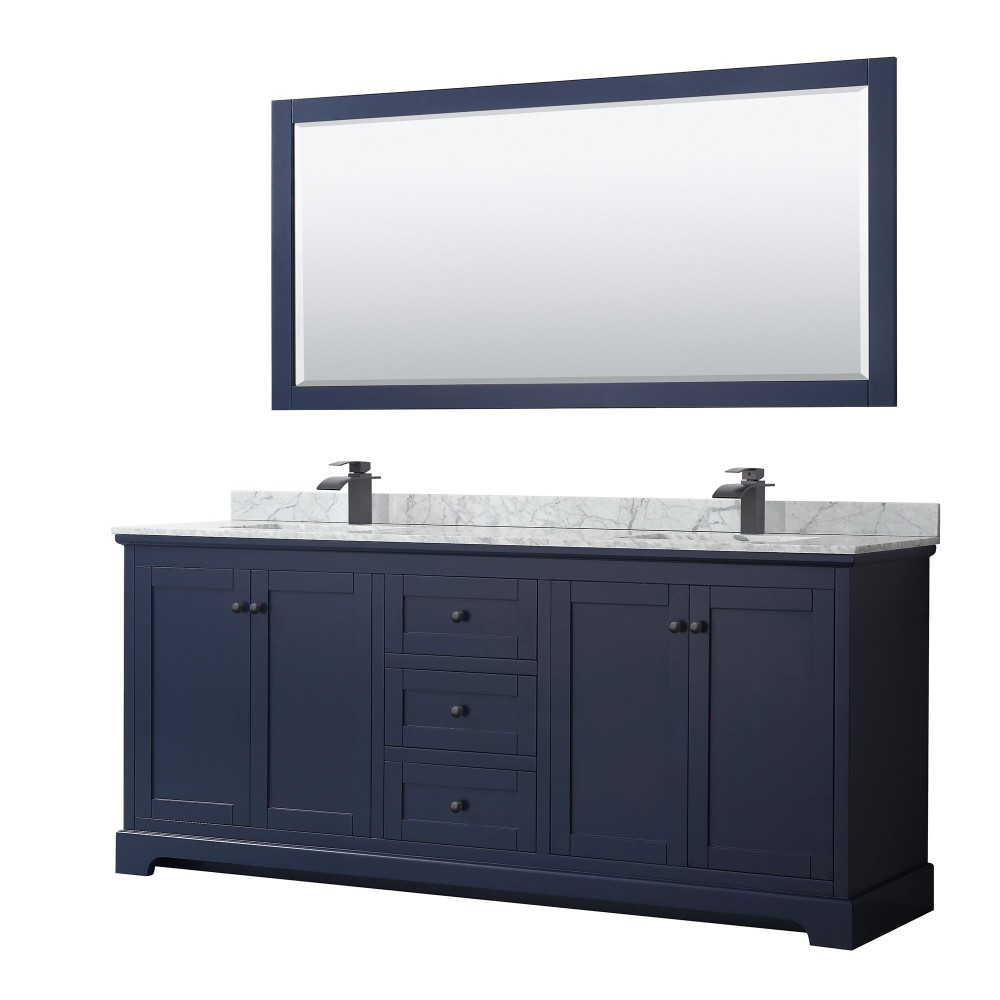 Avery 80" Double Vanity in Dark Blue, Top, Square Matte Black Trim, 70" Mirror