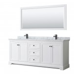 Avery 80" Double Vanity in White, Top, Square Matte Black Trim, 70" Mirror