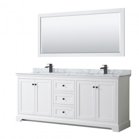 Avery 80" Double Vanity in White, Top, Square Matte Black Trim, 70" Mirror