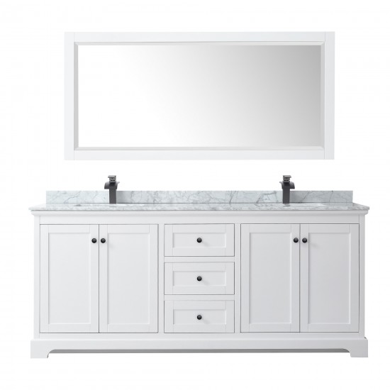 Avery 80" Double Vanity in White, Top, Square Matte Black Trim, 70" Mirror