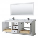 Avery 80" Double Vanity in White, Top, Square Matte Black Trim, 70" Mirror