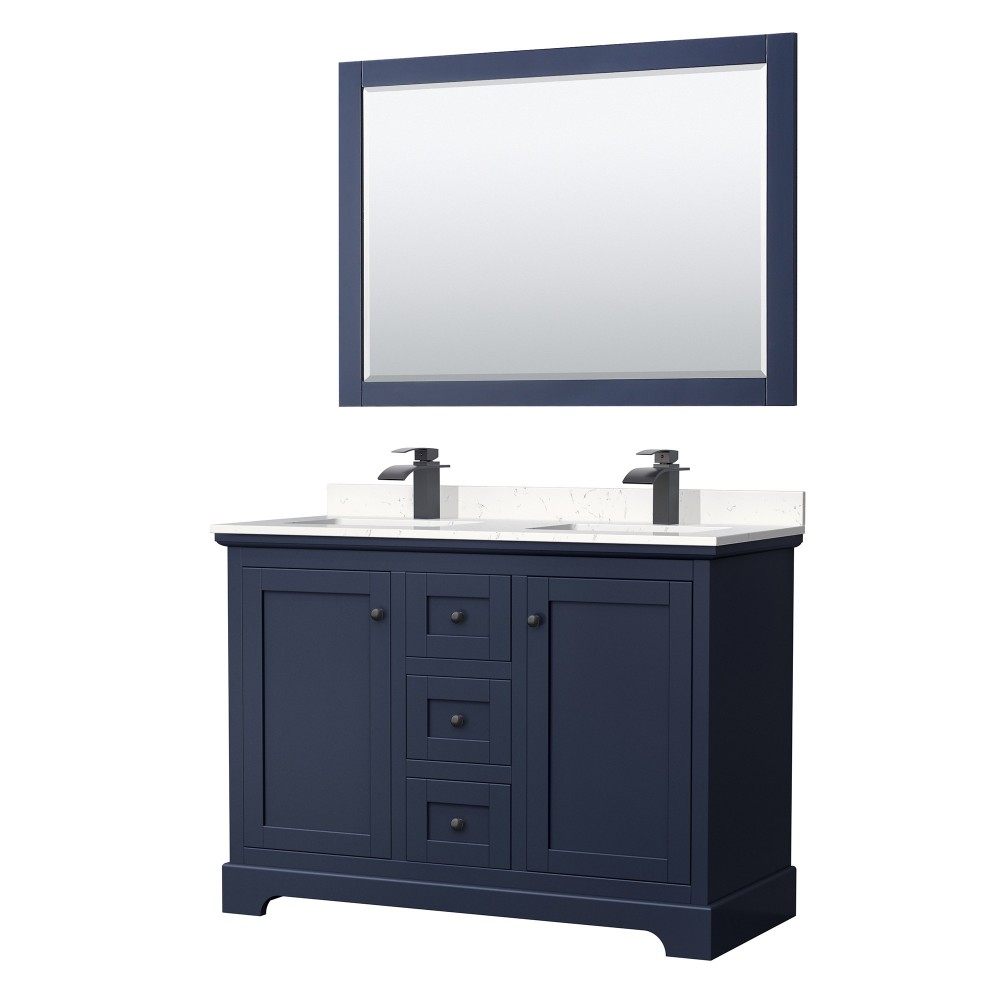 Avery 48" Double Vanity in Dark Blue, Carrara Marble Top, Black Trim, 46" Mirror