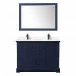 Avery 48" Double Vanity in Dark Blue, Carrara Marble Top, Black Trim, 46" Mirror