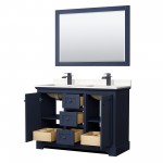 Avery 48" Double Vanity in Dark Blue, Carrara Marble Top, Black Trim, 46" Mirror