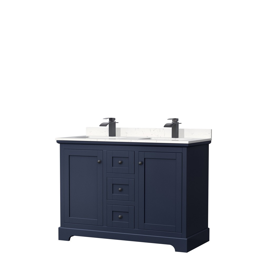 Avery 48" Double Vanity in Dark Blue, Carrara Cultured Marble Top, Black Trim