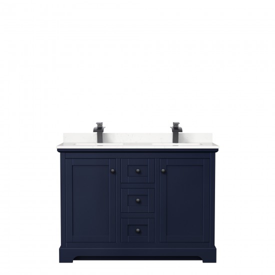 Avery 48" Double Vanity in Dark Blue, Carrara Cultured Marble Top, Black Trim