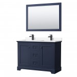 Avery 48" Double Vanity in Dark Blue, White Marble Top, Black Trim, 46" Mirror