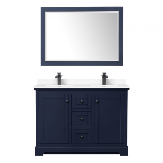 Avery 48" Double Vanity in Dark Blue, White Marble Top, Black Trim, 46" Mirror