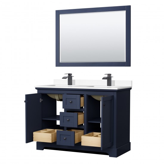 Avery 48" Double Vanity in Dark Blue, White Marble Top, Black Trim, 46" Mirror