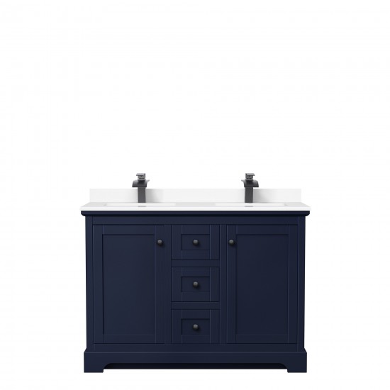 Avery 48" Double Vanity in Dark Blue, White Cultured Marble Top, Black Trim