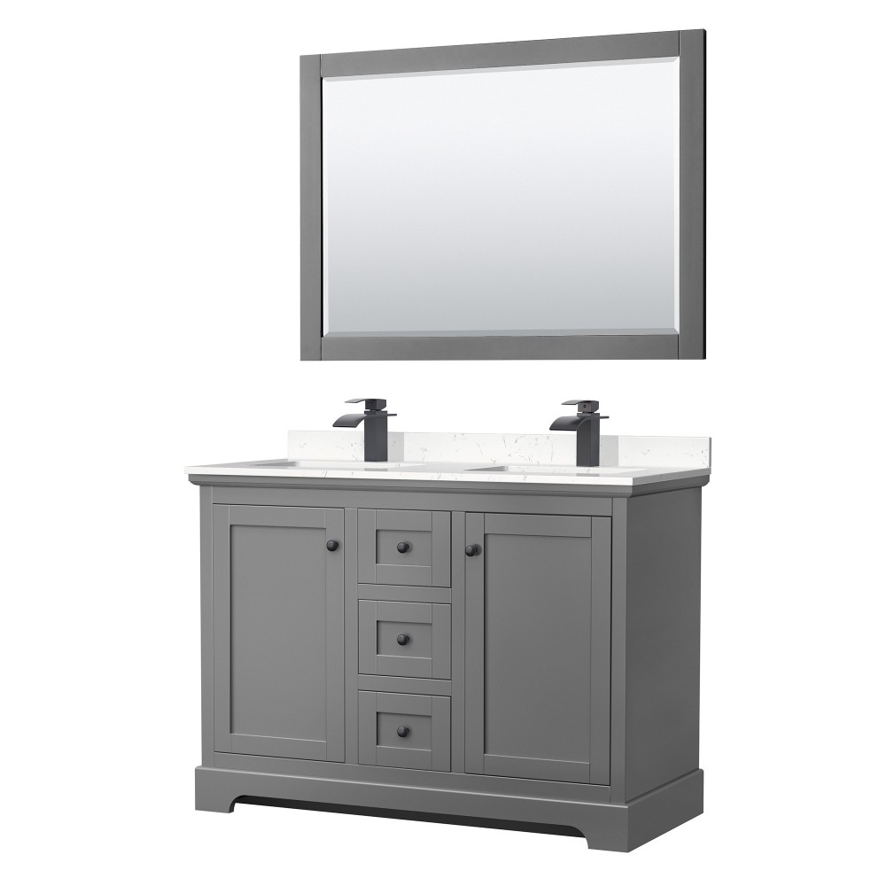 Avery 48" Double Vanity in Dark Gray, Carrara Marble Top, Black Trim, 46" Mirror