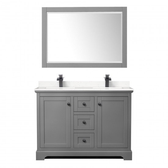 Avery 48" Double Vanity in Dark Gray, Carrara Marble Top, Black Trim, 46" Mirror