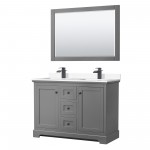 Avery 48" Double Vanity in Dark Gray, White Marble Top, Black Trim, 46" Mirror