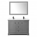 Avery 48" Double Vanity in Dark Gray, White Marble Top, Black Trim, 46" Mirror