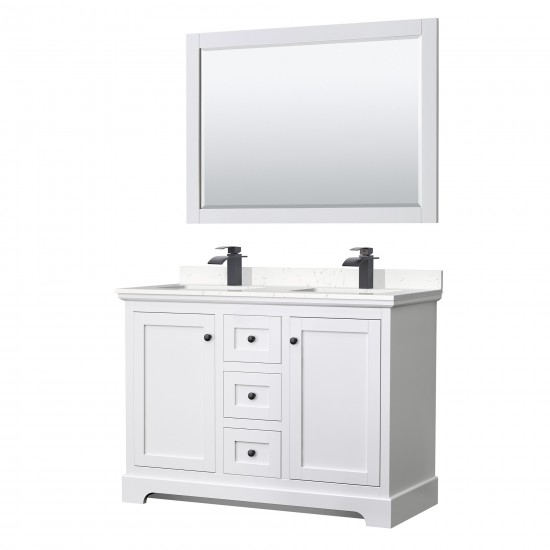 Avery 48" Double Vanity in White, Carrara Marble Top, Black Trim, 46" Mirror