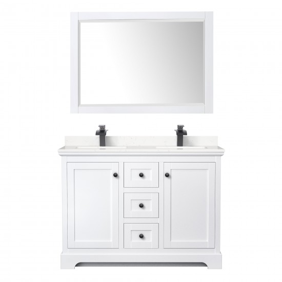 Avery 48" Double Vanity in White, Carrara Marble Top, Black Trim, 46" Mirror