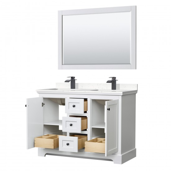 Avery 48" Double Vanity in White, Carrara Marble Top, Black Trim, 46" Mirror