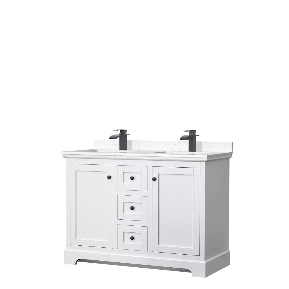 Avery 48" Double Vanity in White, Carrara Cultured Marble Top, Black Trim