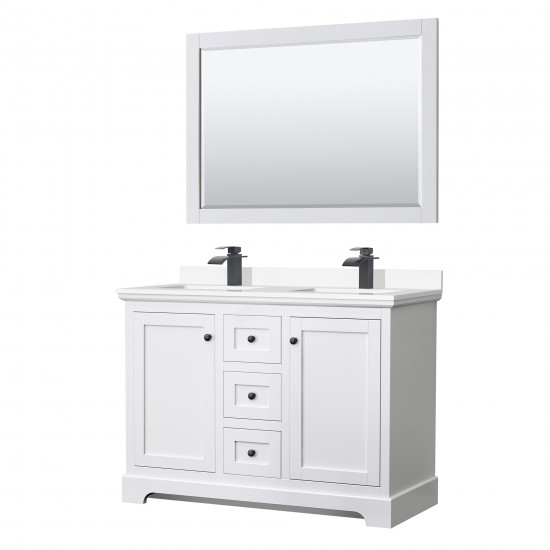 Avery 48" Double Vanity in White, White Marble Top, Black Trim, 46" Mirror