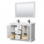 Avery 48" Double Vanity in White, White Marble Top, Black Trim, 46" Mirror