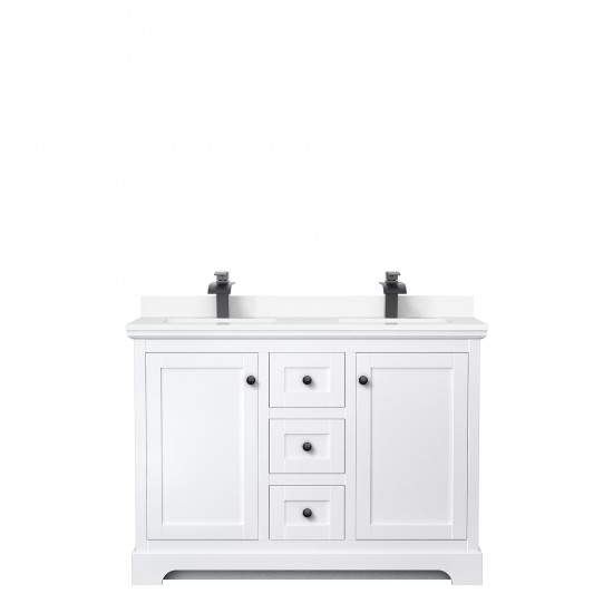 Avery 48" Double Vanity in White, White Cultured Marble Top, Black Trim