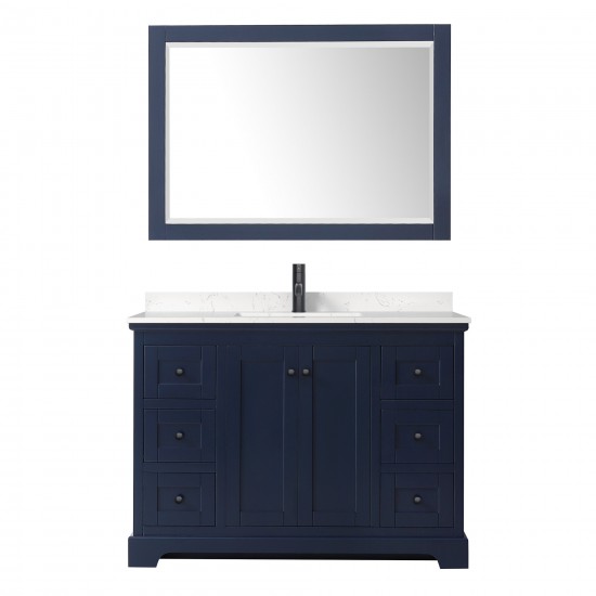 Avery 48" Single Vanity in Dark Blue, Carrara Marble Top, Black Trim, 46" Mirror