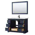 Avery 48" Single Vanity in Dark Blue, Carrara Marble Top, Black Trim, 46" Mirror