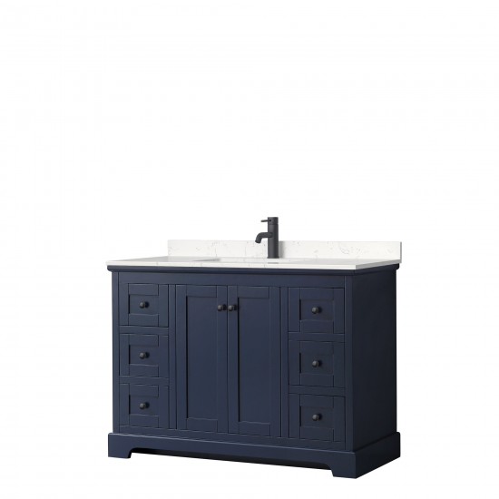 Avery 48" Single Vanity in Dark Blue, Carrara Cultured Marble Top, Black Trim