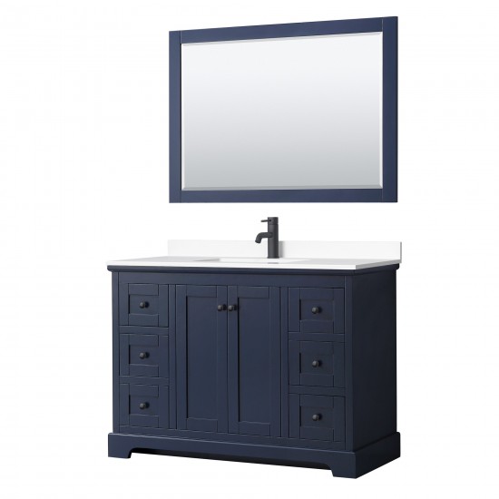 Avery 48" Single Vanity in Dark Blue, White Marble Top, Black Trim, 46" Mirror