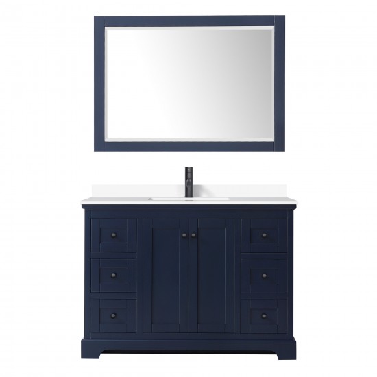 Avery 48" Single Vanity in Dark Blue, White Marble Top, Black Trim, 46" Mirror