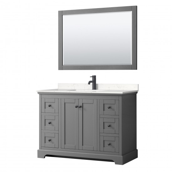 Avery 48" Single Vanity in Dark Gray, Carrara Marble Top, Black Trim, 46" Mirror