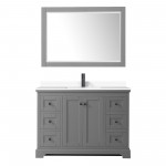 Avery 48" Single Vanity in Dark Gray, White Marble Top, Black Trim, 46" Mirror