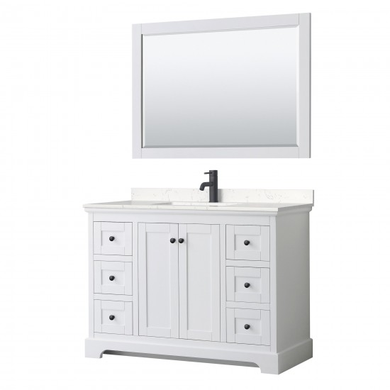 Avery 48" Single Vanity in White, Carrara Marble Top, Black Trim, 46" Mirror