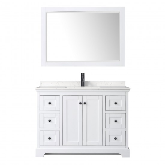 Avery 48" Single Vanity in White, Carrara Marble Top, Black Trim, 46" Mirror