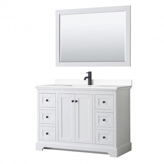 Avery 48" Single Vanity in White, White Marble Top, Black Trim, 46" Mirror