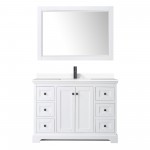 Avery 48" Single Vanity in White, White Marble Top, Black Trim, 46" Mirror