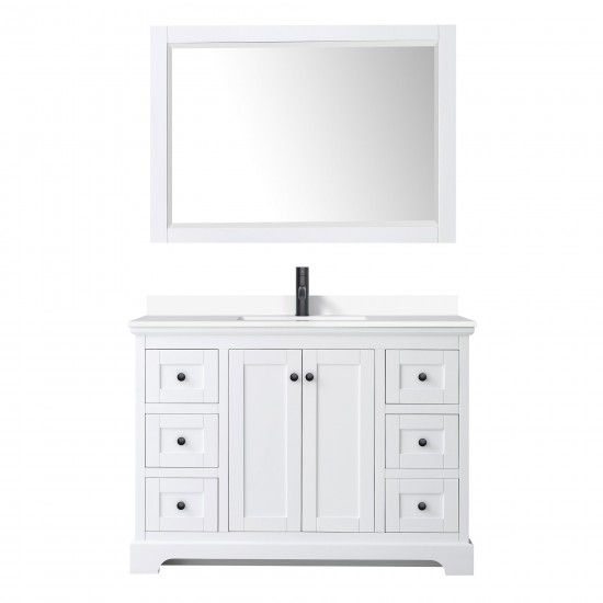 Avery 48" Single Vanity in White, White Marble Top, Black Trim, 46" Mirror