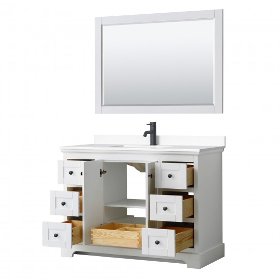 Avery 48" Single Vanity in White, White Marble Top, Black Trim, 46" Mirror