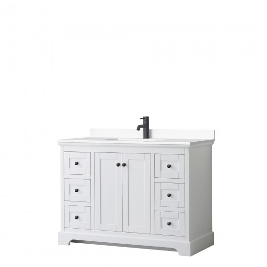 Avery 48" Single Vanity in White, White Cultured Marble Top, Black Trim