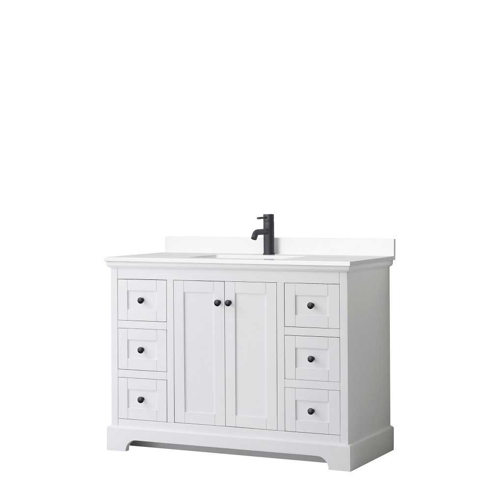 Avery 48" Single Vanity in White, White Cultured Marble Top, Black Trim